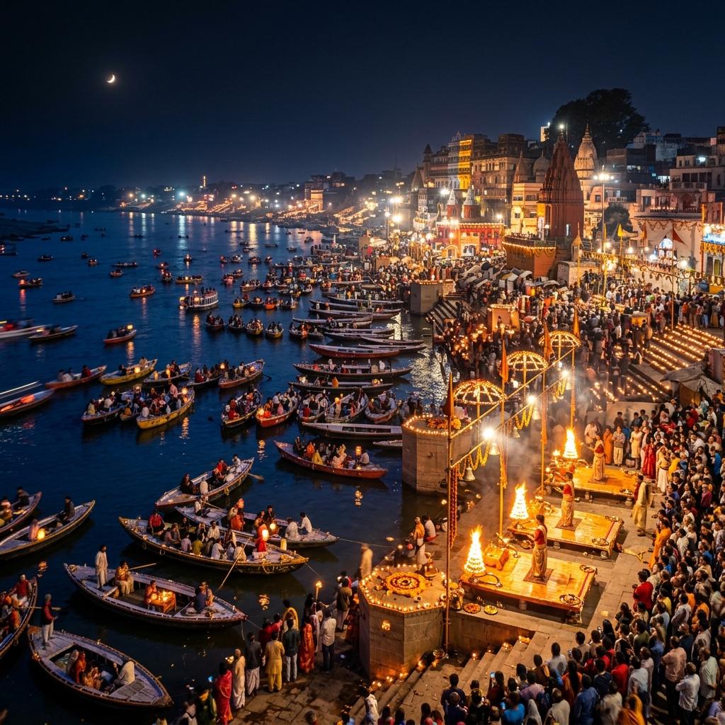 Panoramic View of Illuminated Varanasi Ghats Dev Diwali